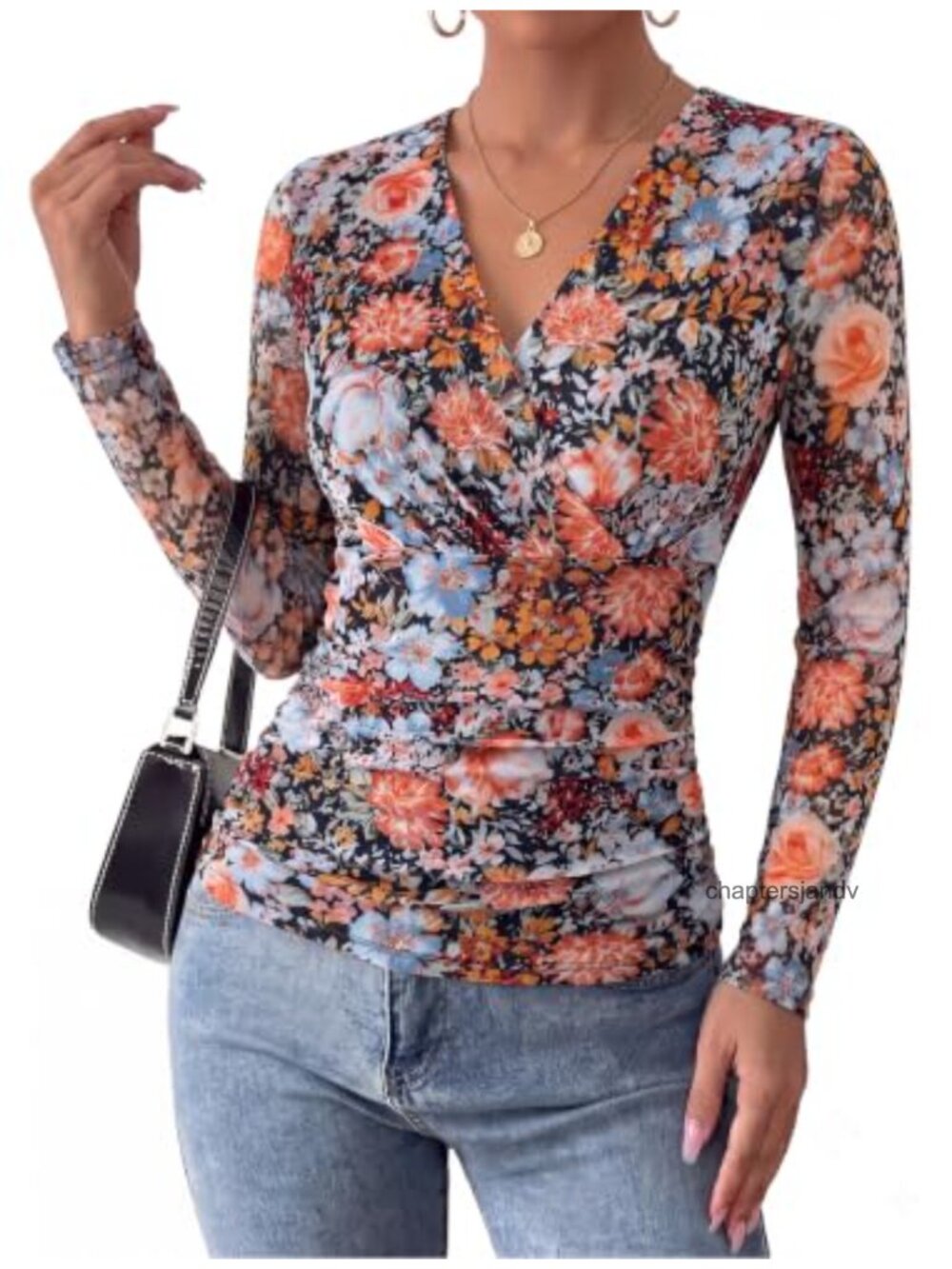 Women's Wrap Blouse Long Sleeve Mesh V Neck Dressy Casual Top